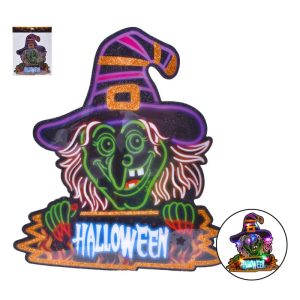 Placa de Porta com Luz Bruxa Halloween 30x37x1Cm
