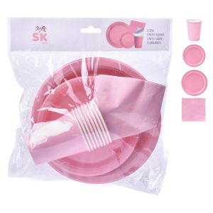 Conj. 8 Pratos 23cm + 8 Pratos 18Cm + 8 Guardanapos + 8 Copos Papel Rosa Claro