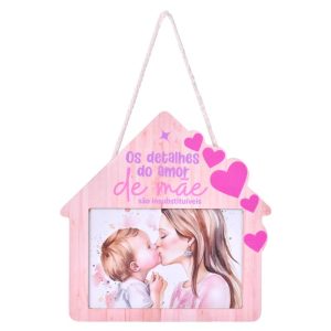Porta Fotos Casa Pendurar MDF Rosa Mãe 19.5x0.7x19.5Cm