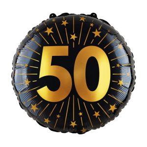 Balão Foil Redondo Preto celebração 50 anos impressão Dourado 45Cm