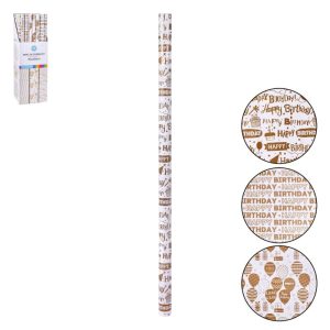 Rolo de Papel Embrulho Motivos Happy Birthday Dourado e Branco 0,7x2Mt