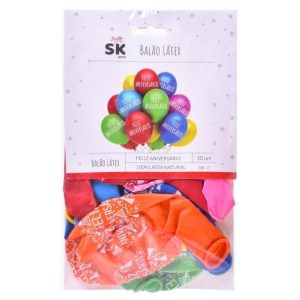 Blister 10 Balões Latéx Sortidos 30cm Feliz Aniversario