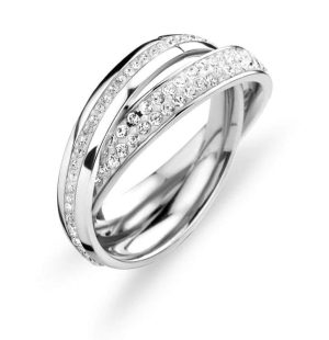 Conj. 2 Anéis Entrelaçados Aço Inoxidável Prateados Com Pedras Brancas 56 (17.8 mm)