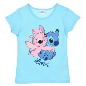 T-Shirt de Menina Manga Curta Azul Claro Stitch & Angel Love