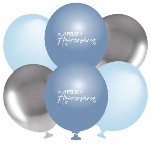 Blister 6 Balões Látex Azul Feliz Aniversário + Prateado Cromado + Azul Claro 32Cm