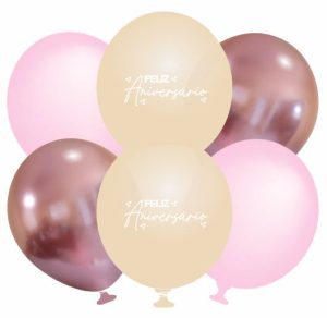 Blister 6 Balões Látex Bege Feliz Aniversário + Rose Gold Cromado + Rosa Claro 32Cm