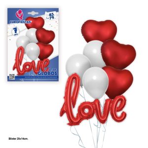 Blister 3 Balões Látex Brancos + 3 Foil Coração 45Cm + LOVE 79Cm