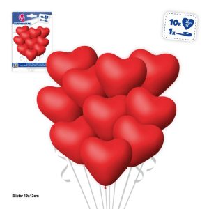 Blister 10 Balões Látex Coração Vermelho 30Cm + 1 Rolo Fita