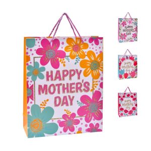 Saco Papel Presente Glitter Mãe Happy Mother´s Day 24x18x8.5Cm