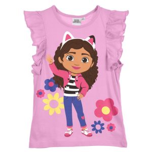 T-Shirt de Menina Manga Curta Folhos Gabby´s Flowers Rosa Claro
