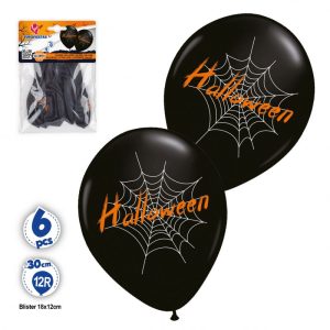 Blister 6 Balões Látex Pretos Halloween Teia 30Cm