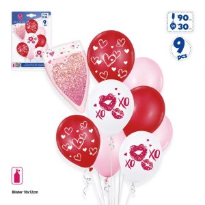 Blister 8 Balões Látex Vermelhos XOXO 30Cm + 1 Foil Copo Champanhe 90Cm