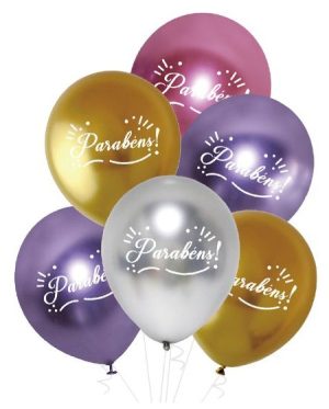Blister 6 Balões Latéx Metálico Mix Parabéns 30Cm
