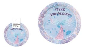 Blister 6 Pratos Feliz Aniversário Cauda Sereia 22.5Cm