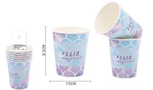 Conj. 6 Copos Papel Feliz Aniversário Cauda Sereia 250Ml