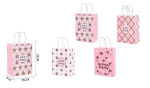 Saco Papel Presente Rosa-Branco-Dourado Estrelas-Bolinhas-Losangos 21x15x8cm