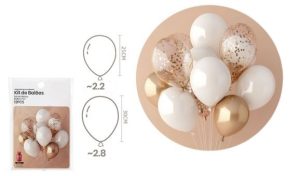 Blister 12 Balões Latéx Branco-Dourado-Glitter 25-30Cm