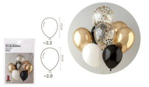 Blister 9 Balões Latéx Branco-Preto-Dourado-Glitter 25-30Cm