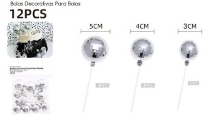 Conj. 12 Bolas Decorativas para Bolos Disco Ball (Espelhadas) Prateadas 3-5Cm