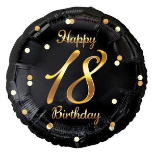 Balão Foil Preto-Dourado Redondo Happy Birthday 18 Anos 36Cm