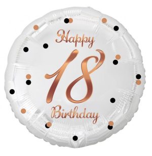 Balão Foil Branco-Rose Gold Redondo Happy Birthday 18 Anos 36Cm
