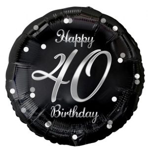Balão Foil Preto-Prateado Redondo Happy Birthday 40 Anos 36Cm