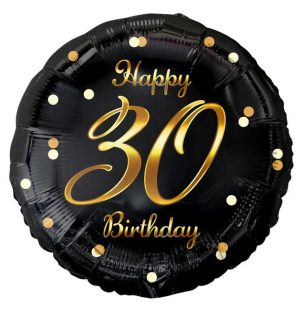 Balão Foil Preto-Dourado Redondo Happy Birthday 30 Anos 36Cm