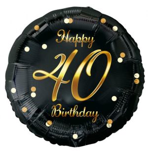 Balão Foil Preto-Dourado Redondo Happy Birthday 40 Anos 36Cm