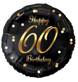 Balão Foil Preto-Dourado Redondo Happy Birthday 60 Anos 36Cm