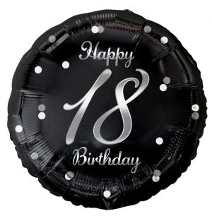 Balão Foil Preto-Prateado Redondo Happy Birthday 18 Anos 36Cm