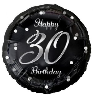 Balão Foil Preto-Prateado Redondo Happy Birthday 30 Anos 36Cm