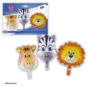 Blister 3 Balões Foil Girafa/Zebra/Leão 44Cm