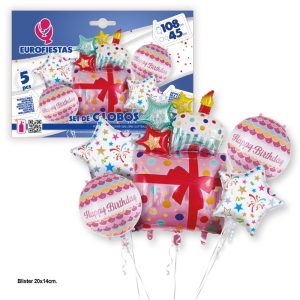 Blister 5 balões Foil Prenda Happy Birthday 45-108Cm