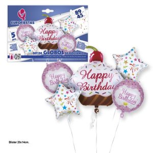 Blister 5 balões Foil Cupcake Happy Birthday 45-89Cm