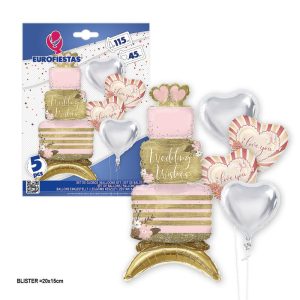 Blister 5 Balões Foil Torre Bolo Casamento I LOVE YOU com Base 45-65Cm