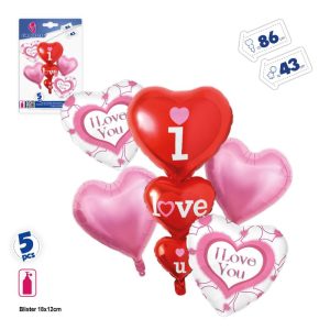 Blister 5 Balões Foil Corações + Torre I LOVE YOU 43-86Cm