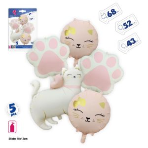 Blister 5 Balões Foil Gatinho e Patinhas Rosa 43-68Cm