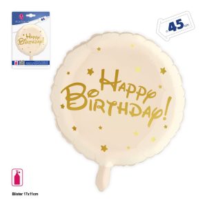 Balão Foil Redondo Bege Happy Birthday 45Cm