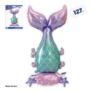 Balão Foil Cauda de Sereia Verde/Lilás com Base 127Cm