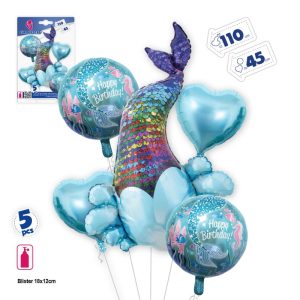 Blister 5 Balões Foil Cauda de Sereia Multicolor 45-110Cm