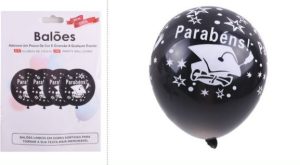 Blister 5 Balões Latéx Pretos Parabéns Graduado 30Cm