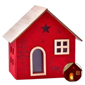 Casa Led Feltro-Madeira Vermelho Natal 13x8,5x13Cm