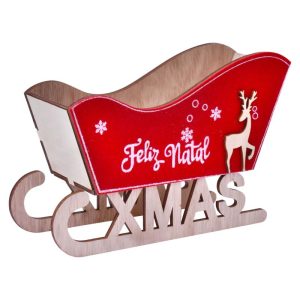 Trenó Madeira Feliz Natal Veludo 23x8,1x14,5Cm