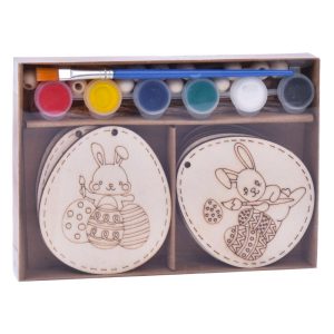 Conj. 12 Ovinhos Madeira para Pintar (inclui pincél e tintas) 7x8x0.3Cm