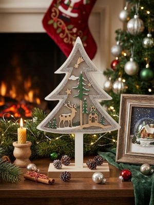 Árvore de Natal Madeira Apontamentos Prateados Glitter 16x6.5x26Cm
