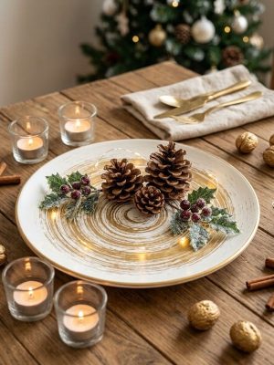 Prato Decorativo Branco com Rebordo Dourado 30Cm