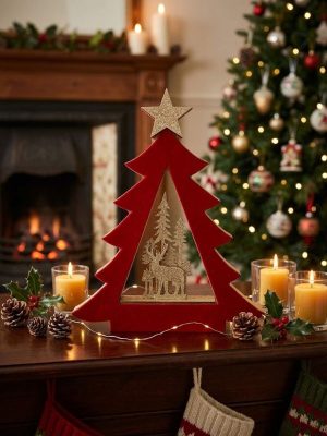 Árvore Natal Madeira MDF com Veludo Vermelho 19.5x1.8x16.5Cm