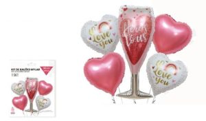 Blister 5 Balões Latéx-Foil Cálice Here´s To Us Corações Love You 101Cm