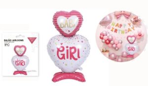 Balão Foil Corações Rosa-Branco Baby Girl 62x110Cm com Base