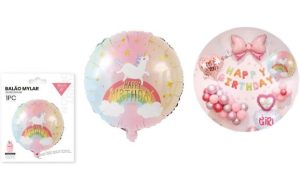 Balão Foil Redondo Happy Birthday Unicórnio 45Cm